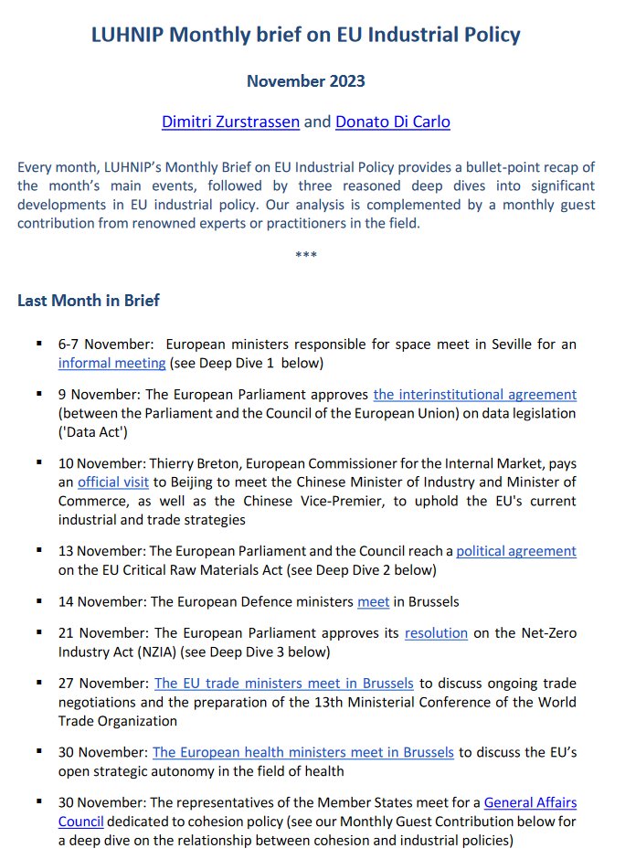 What happens in EU industrial policy? The Luiss Hub for New Industrial Policy (LUHNIP) @UniLUISS brings to you a monthly brief with a recap of main events, 3 deep dives and a guest contribution. w/@DZurstrassen November guest: @GPManzella Download 👇 leap.luiss.it/wp-content/upl…