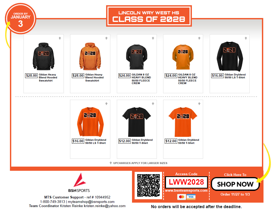 Class of 2028 Sale!!!  Shop online and spirit wear will be delivered to your junior high in February.  Store closes on January 3 so don't delay!  

bsnteamsports.com/shop/LWW2028?u…
