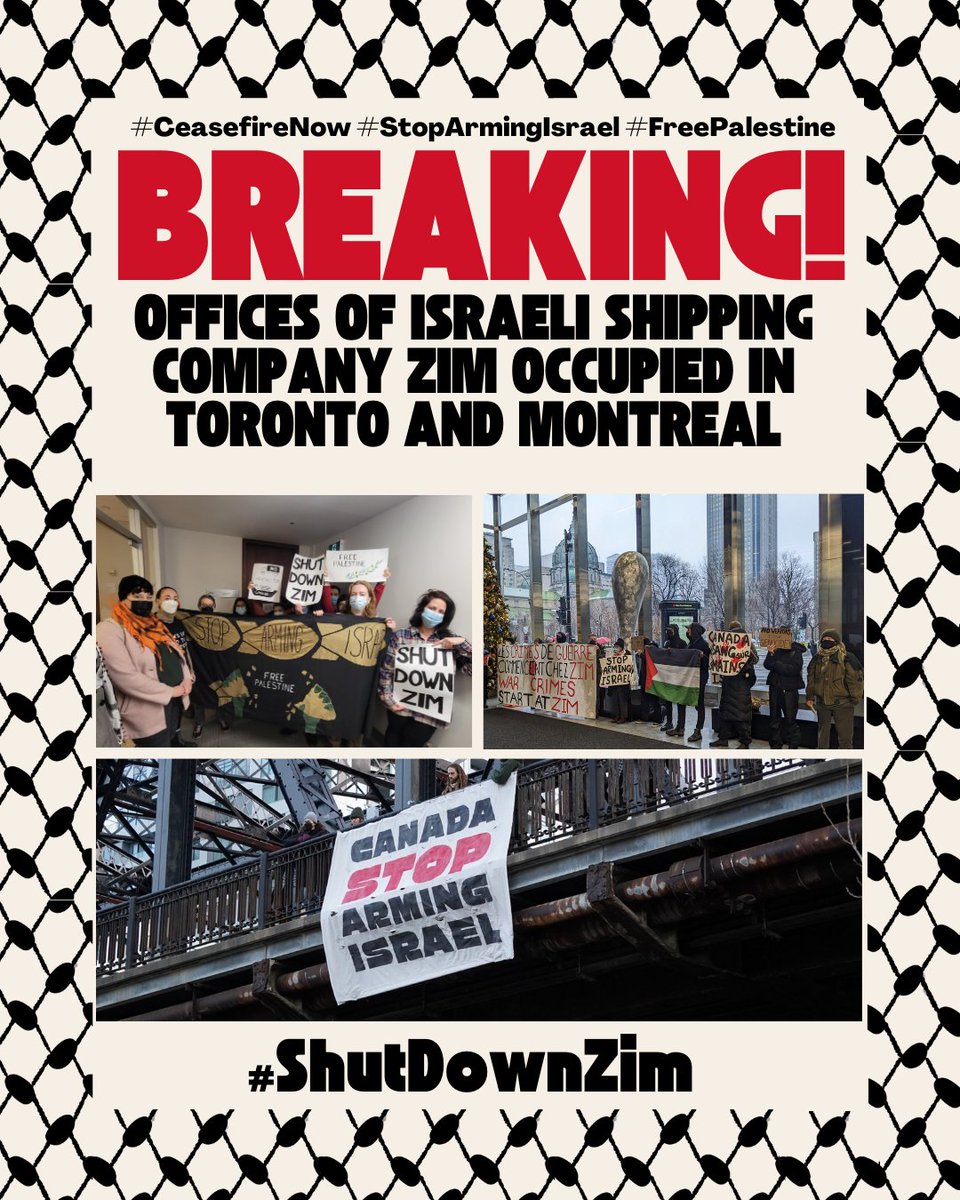 Breaking! Offices of Israeli shipping company Zim are currently being occupied in both Toronto and Montreal! #ShutDownZim #CeasefireNow #StopArmingIsrael #FreePalestine