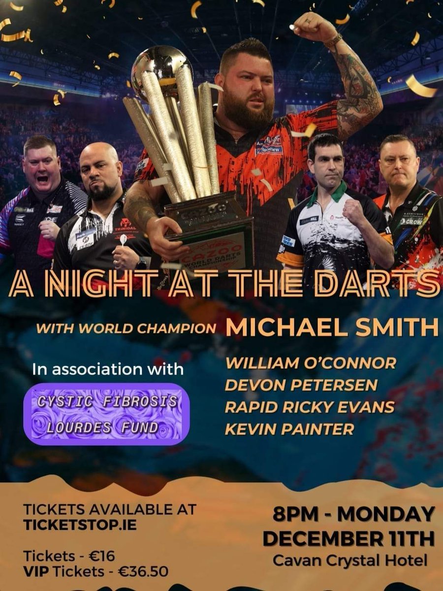 Final exhibition for @Michael180Smith before he returns to Ally Pally to defend his World title! Joined tonight by @TheMagpie180 @devon_petersen @goodevans180 & @OfficialKP180 🎯🎤🎄🇮🇪🍀