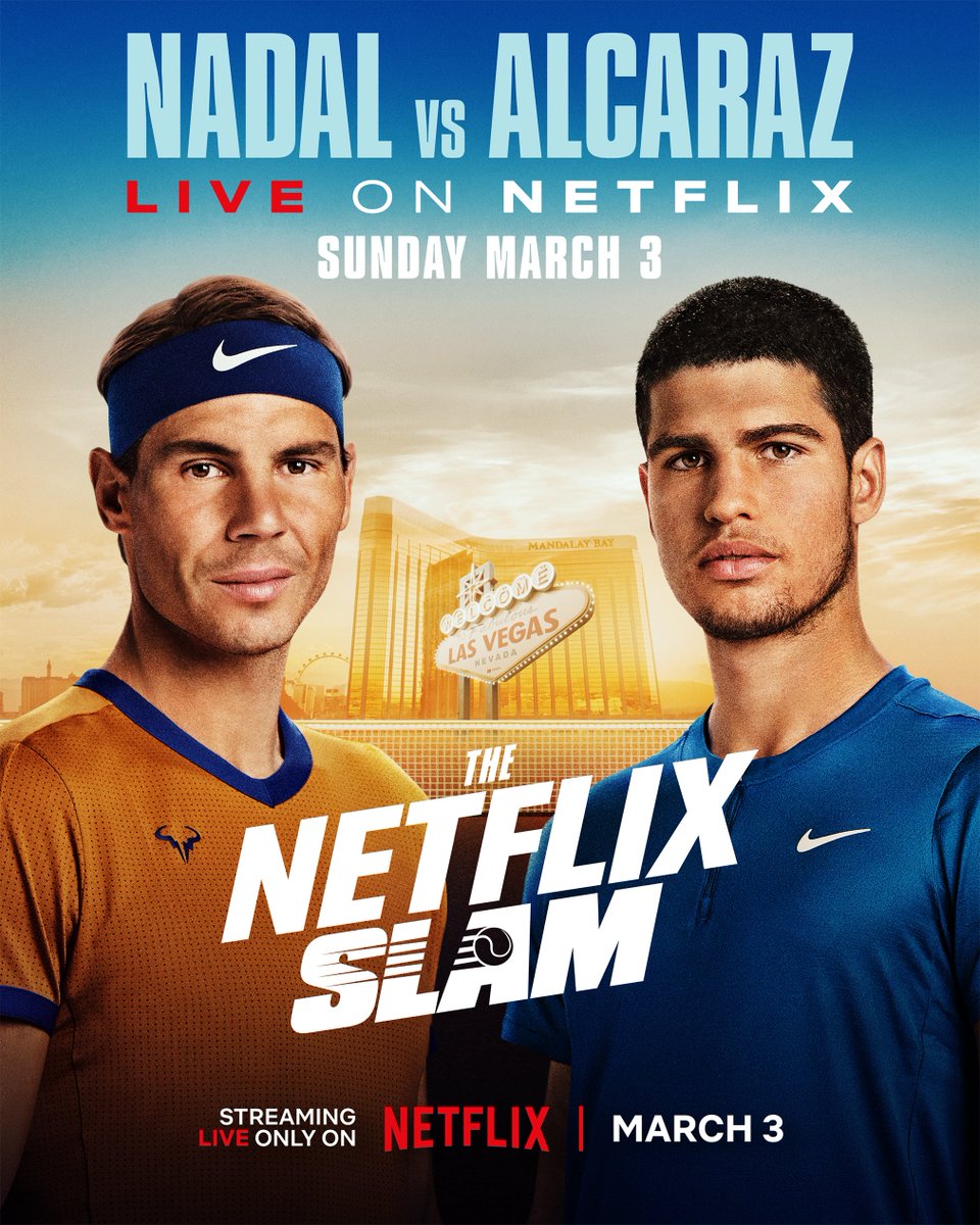 Rafael Nadal. Carlos Alcaraz. Two tennis superstars. One epic matchup served LIVE on Netflix. The Netflix Slam 🎾 March 3