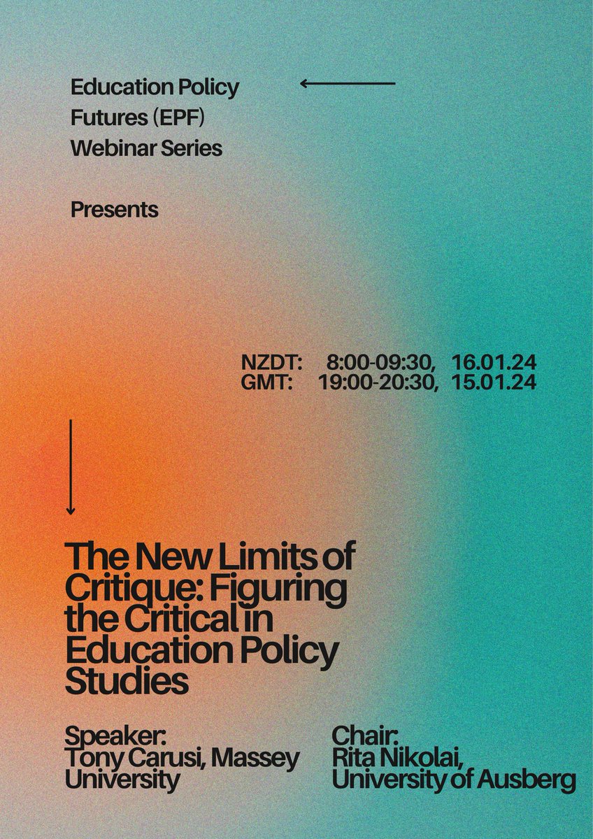 What is the role of the 'critical' in education policy studies? Join us for a conversation with @tonycarusi via webinar on 15/16 Jan 2024 Email/DM to attend