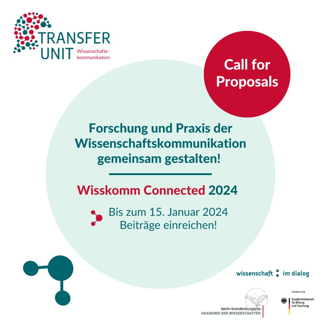 Wir suchen eure Beiträge! Am 11. und 12. September 2024 veranstaltet die #TransferUnit die #WisskommConnected. Im Fokus der Konferenz stehen der Austausch und die Vernetzung zwischen #Wisskomm-Forschung und Wisskomm-Praxis: 📨transferunit.de/news/call-for-… #CallForProposals