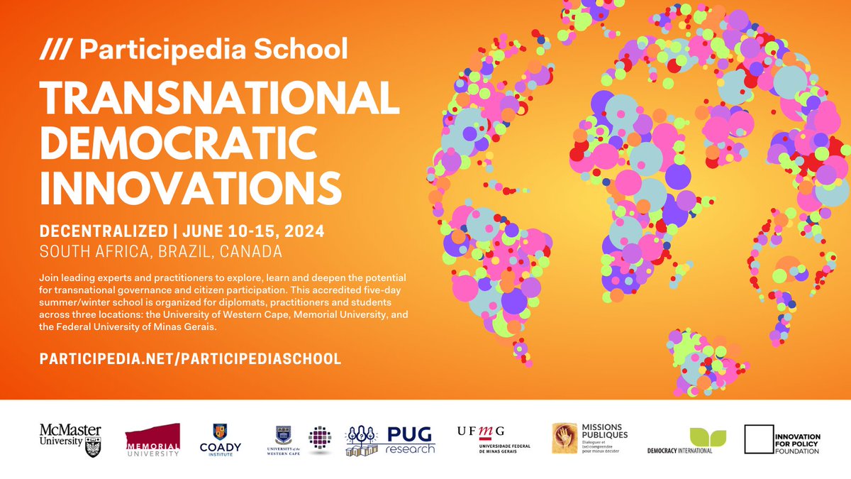 Get ready for #ParticipediaSchool2024! 📢Students, practitioners, & advocates engaged in democratic innovations: join us in South Africa, Canada or Brazil for 5 days of innovative programming co-designed by leading experts & practitioners!🙌 Register: participedia.net/participediasc…