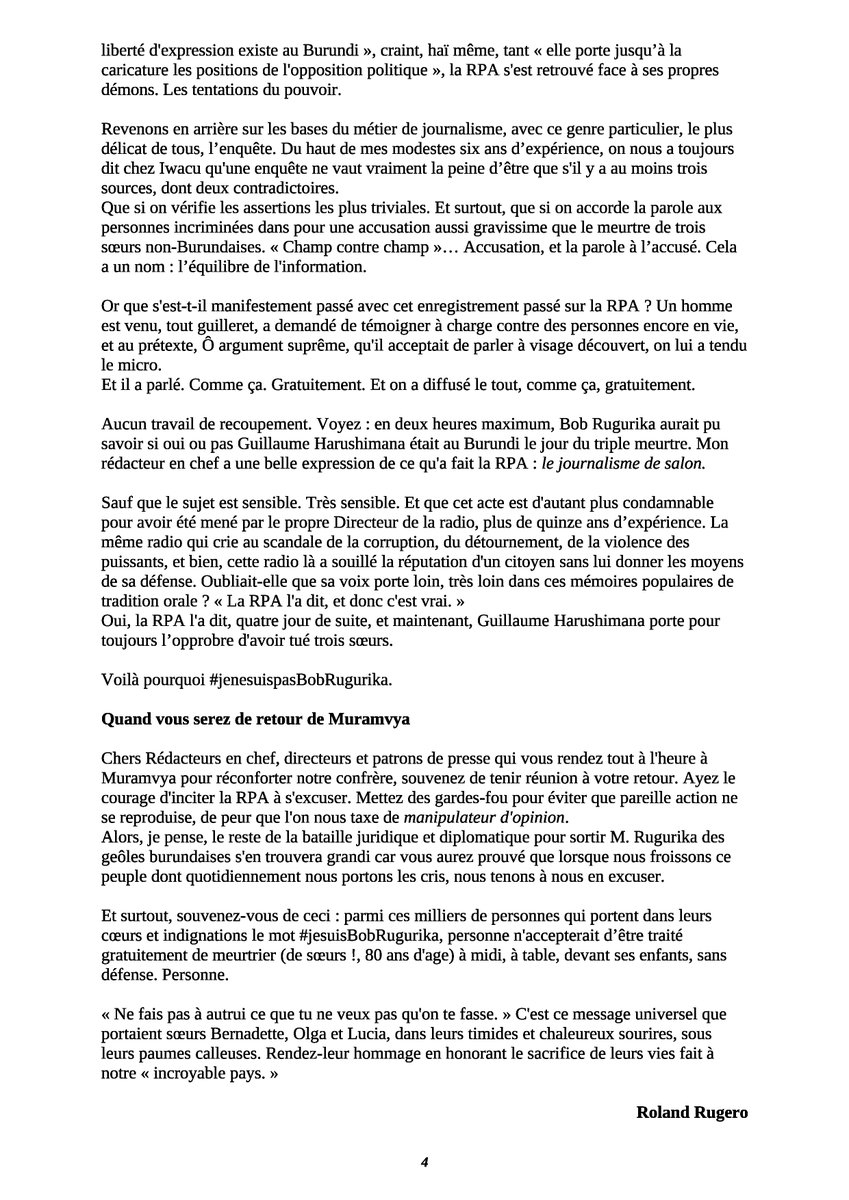 RolandRugero's tweet photo. Mise au point sur mon texte publié en janvier 2015
------------------

1. Le texte que je reproduis ci-bas a été publié début 2015 sur mon blog, à l'époque hébergé sur @iwacuinfo. Malheureusement, ce blog et tout son contenu ont disparu depuis. 

2. Au lendemain de la parution de mon article d'#opinion qui fit bruit à l'époque (l'on s'activait ferme pour la libération de @rugbob78 ▶️ https://t.co/1s3xchMmP2), le Directeur des Publications @AntoineKaburahe rappela que ce que j'avais écris n'engageait que moi et non le Groupe de presse Iwacu, tout en soulignant l'importance de la liberté d'opinion, même dans des moments critiques comme cela l'était. C'était dans son édito https://t.co/X8vYwFiW6Z 

3. Ce que j'ai écris en janvier 2015 s'applique toujours en 2023, et même après: au #Burundi comme ailleurs, la liberté des journalistes est à protéger, tout autant que le principe de "l'attachement aux faits" qui doit les guider.