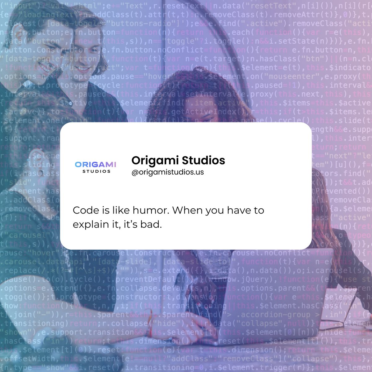 studios_origami's tweet photo. Code is the comedian of the digital world. If you have to explain it, you're in for a bad punchline. 🤖😄

#CodeWisdom #ProgrammingHumor #DigitalArtistry #CodeWisdom #ProgrammingHumor #TechComedy #DigitalStorytelling #CodeJokes #LaughWithCode #TechHumor #SilentComedian https://t.co/bifmlCxgxH