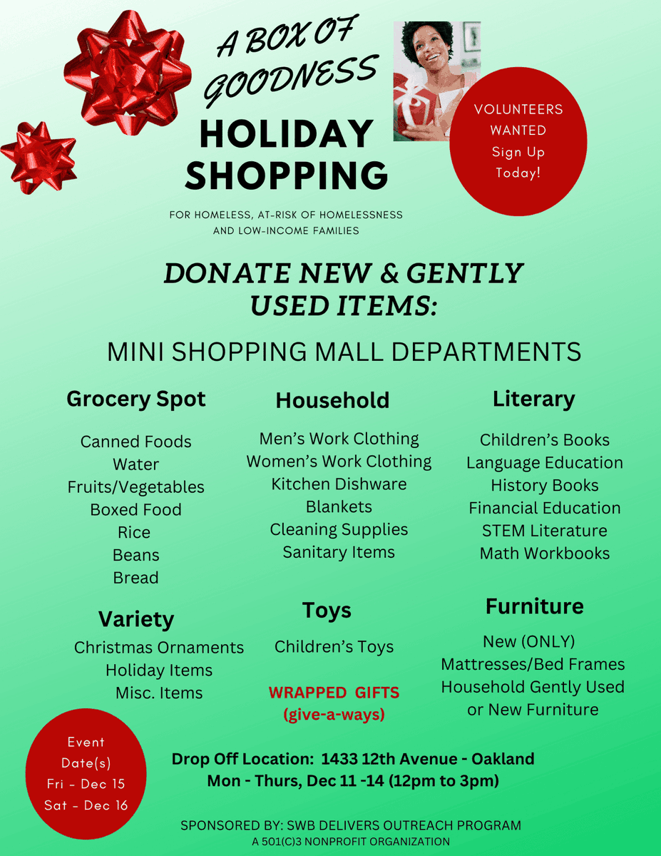 strive4wealth's tweet photo. Mini Shopping Mall Needed Items - A Box of Goodness FREE Holiday Shopping
https://t.co/avsF4bL2Hr

Donate new and gently used items; Non-perishable food items &amp; fresh fruits.

In-kind donations, please email detra@striverealestate.net to receive drop off dates/times/location. https://t.co/HjWaaE1NRR