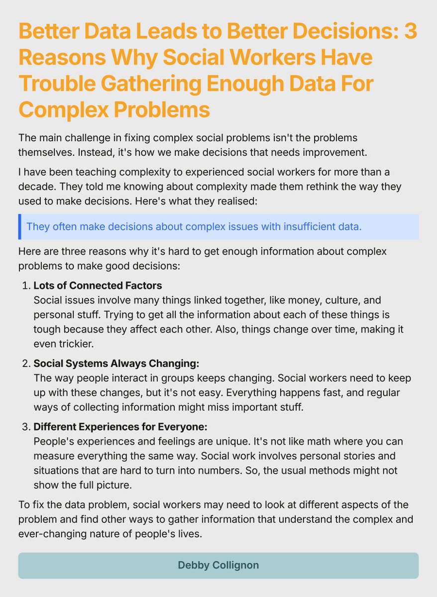 DinPedagogiek's tweet image. Better Data Leads to Better Decisions: 3 Reasons Why Social Workers Have Trouble Gathering Enough Data For Complex Problems

#SocialWorkChallenges #ComplexityTheory #SocialWorkSkills #DynamicSocialSystems #LearningInSocialWork #SocialWorkRole #UncertaintyInSocialIssues