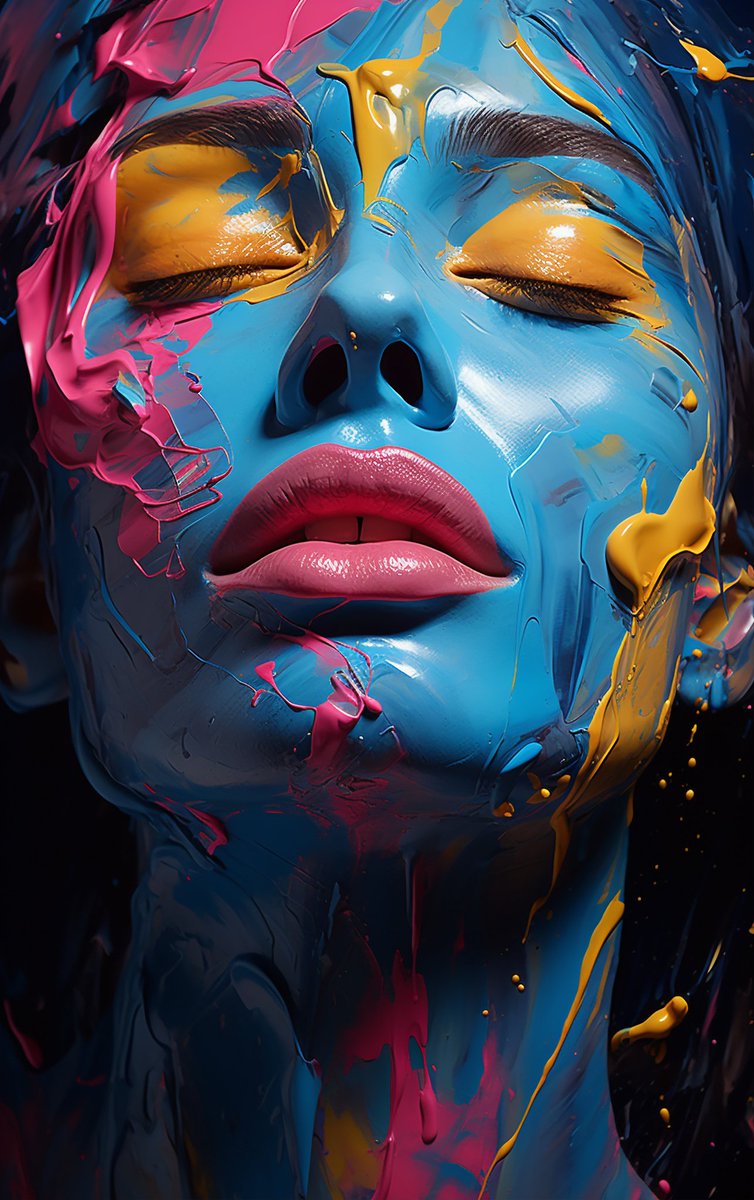 Awash in a sea of color, this portrait is a bold declaration of the essence of feeling. Draped in the drama of vivid blues, pinks, and yellows, every line, and drip is a testament to the power of expression. This is art that doesn't just speak—it shouts. #BoldExpression