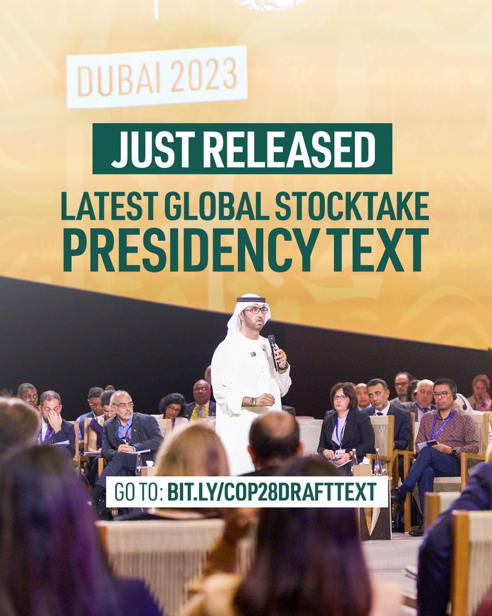 👉 bit.ly/COP28DRAFTTEXT “The COP28 Presidency has been clear from the beginning about our ambitions. This text reflects those ambitions and is a huge step forward. Now it is in the hands of the Parties, who we trust to do what is best for humanity and the planet.” – COP28…