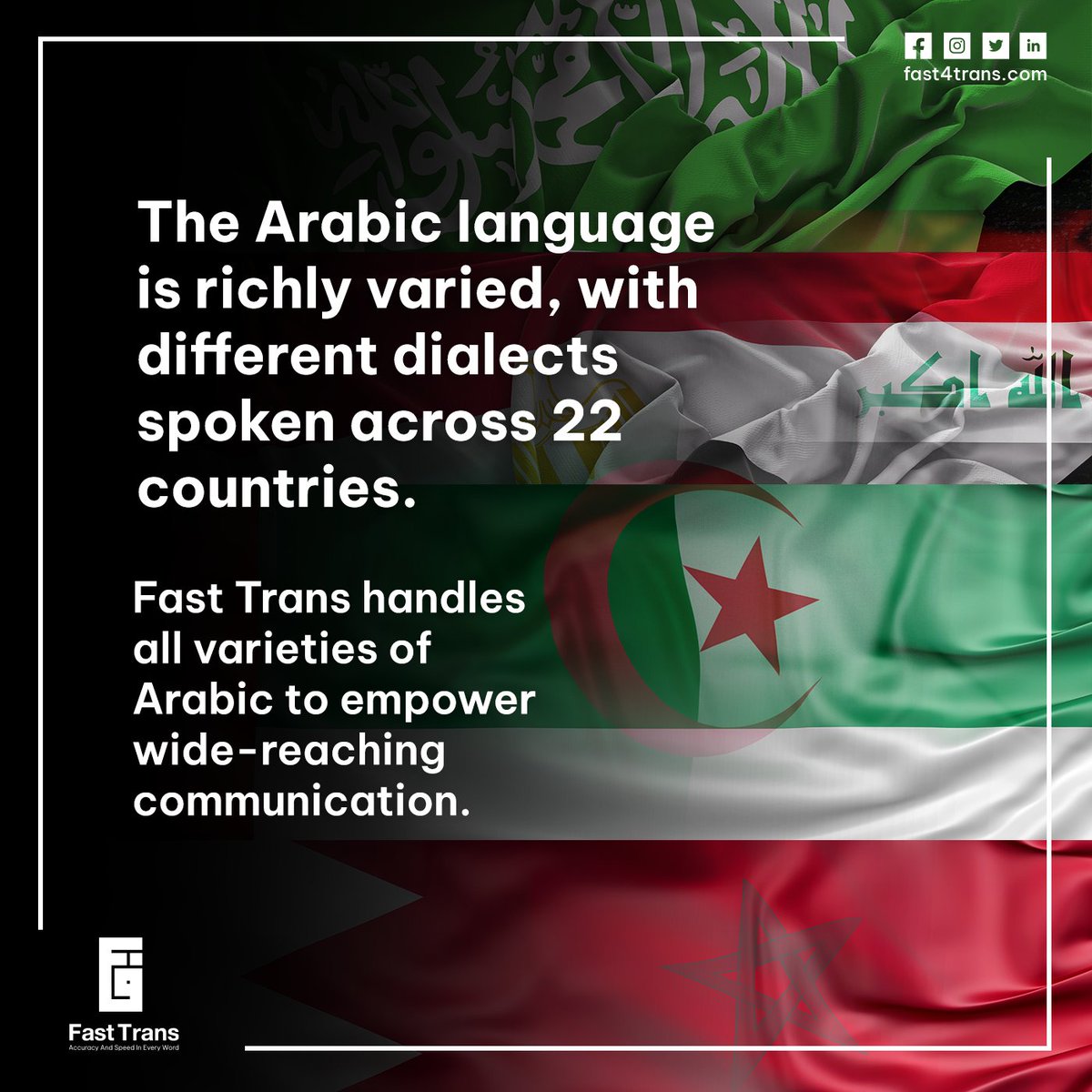 FastTrans21's tweet image. The Arabic language is richly varied, with different dialects spoken across 22 countries. Fast Trans handles all varieties of Arabic to empower wide-reaching communication.
#FastTrans
#TranslationServices
#Localization
#LanguageSolutions`