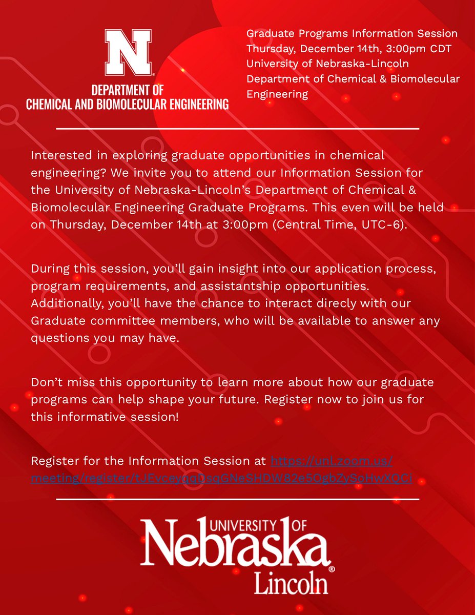 UNL Chemical & Biomolecular Engineering (@unl_chemeng) on Twitter photo Interested learning more about our graduate opportunities in chemical engineering? Click on this link to register for our Information Session: unl.zoom.us/meeting/regist… Interested learning more about our graduate opportunities in chemical engineering? Click on this link to register for our Information Session: unl.zoom.us/meeting/regist…