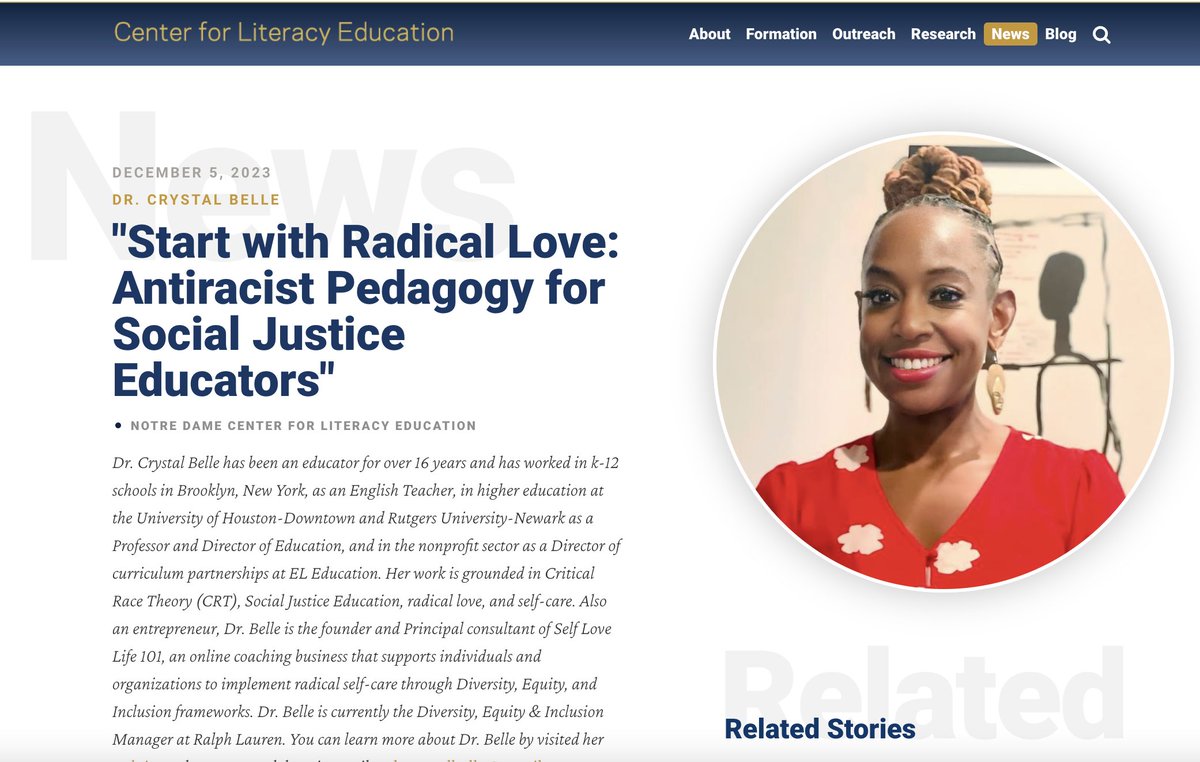We're excited to share Dr. Crystal Belle's guest blog post on her new book: 'Start with Radical Love: Antiracist Pedagogy for Social Justice Educators'! Enjoy and be inspired! iei.nd.edu/initiatives/no… @ieiatnd @ACEatND x.com/selflovelife101