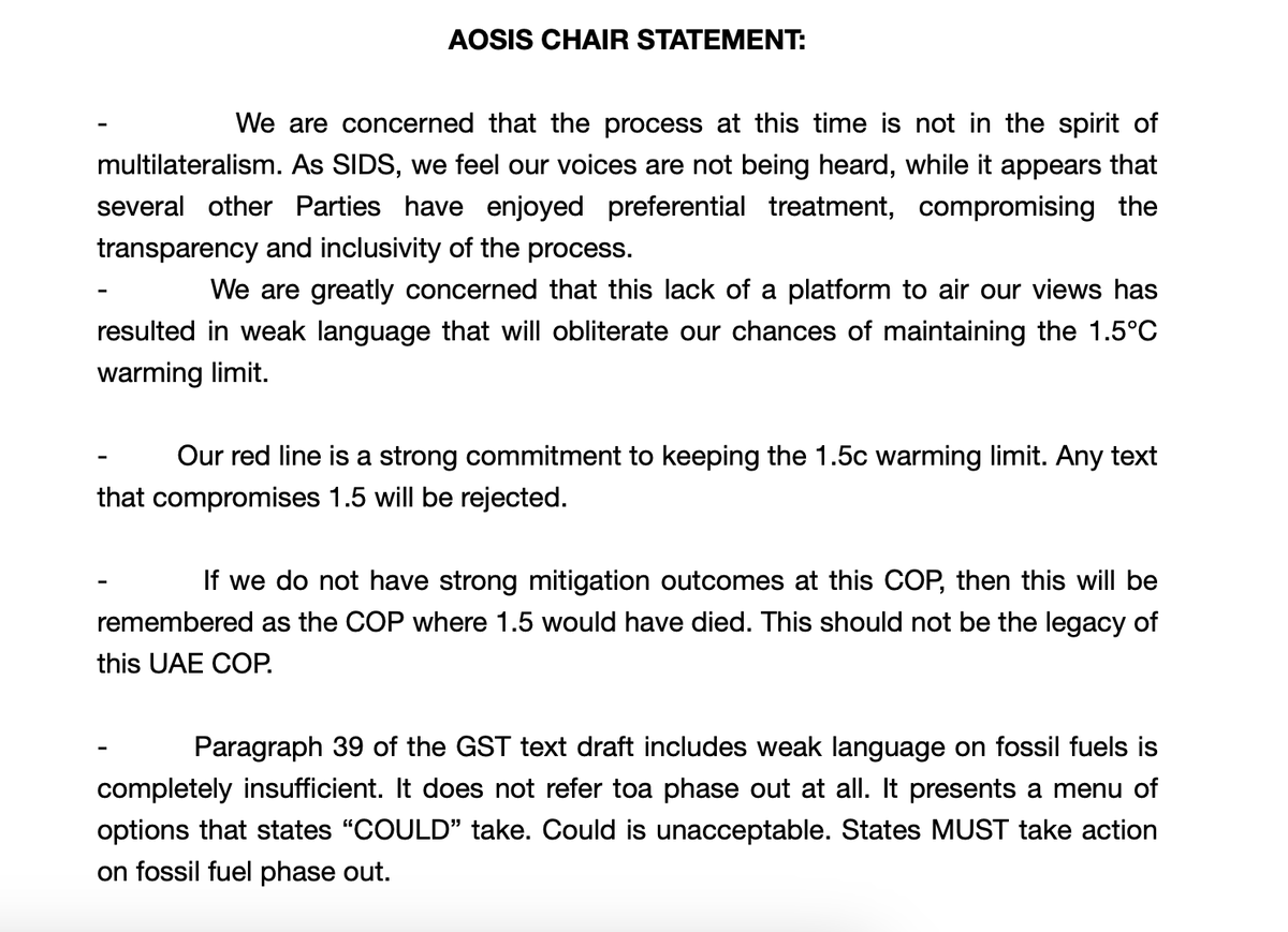 Statement from the Alliance of Small Island States @AOSISChair on the latest draft: 'We will not sign our death certificate. We cannot sign on to text that does not have strong commitments on phasing out fossil fuels.' #COP28