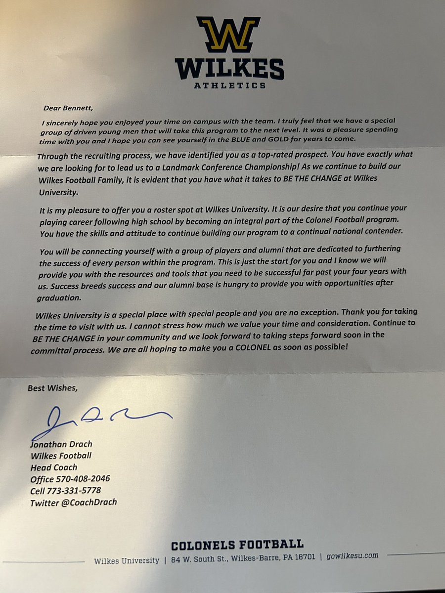 #AGTG After a great visit and talk with <a href="/CoachDrach/">Jonathan Drach</a> I’m blessed to receive a Offer from Wilkes College !!!
<a href="/CosbyTitansFB/">Cosby Titans Football</a> 
<a href="/CosbyAthletics/">Cosby Titans Athletics</a> 
<a href="/Coach_Wild/">Josh Wild</a>