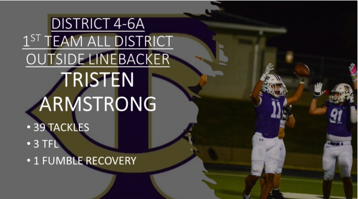 Congrats to <a href="/TrisArmstrong25/">Tristen Armstrong</a> for being named 1st Team Outside LB in District 4-6A for the 2023 football season. Big things coming next year for your senior year. #FalconPride <a href="/TCHSFootball/">TCHS Falcon Football</a> <a href="/KISDAthletics/">Keller ISD Athletics</a>