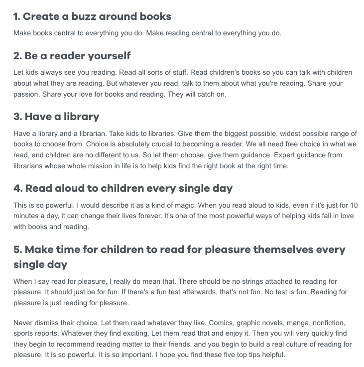 Here are my 5 top tips on how to help EVERY CHILD become a reader! Drawn from my @Booktrust blogs with brilliant teachers & librarians like @PieCorbett @TeresaCremin @son1bun @jonnybid @storyriver @Jake_Hope @rumena_aktar @MissNCleveland @lucasjmaxwell: booktrust.org.uk/news-and-featu…