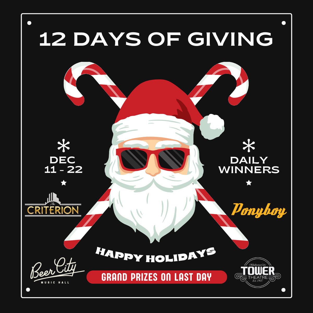 .@ponyboyokc, @beercityokc, & @CriterionOKC are excited to bring you🌟 12 DAYS OF GIVING 🌟 where we'll be doing giveaways EVERY DAY. Prizes include gift cards to local businesses, concert tix, and ANNUAL PASSES to these venues. 🎄 Enter here ➡️ bit.ly/12-days-giving