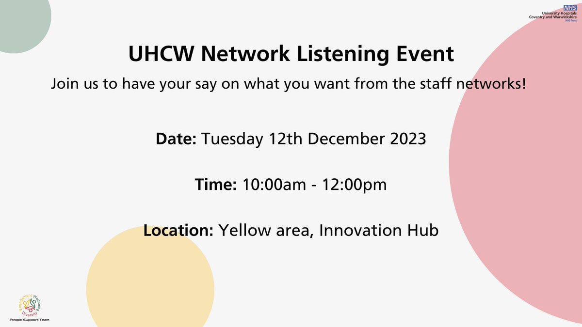 Join us tomorrow, in the yellow area of the Innovation Hub to talk about what you would like from your Staff Networks. We will be there from 10 - 12, we look forward to seeing you!👋