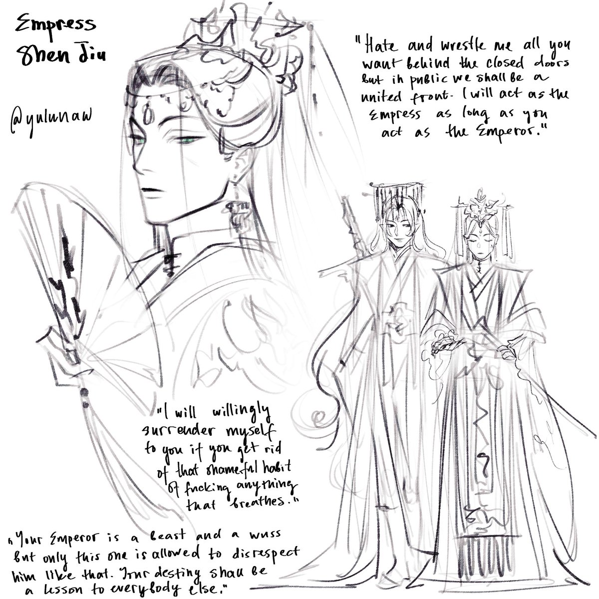 Manifesting bad bitch energy by drawing the baddest bitch there is. Shen Jiu gets married off to Bingge by Cang Qiong. Everyone thinks he is Bingge’s chew toy but he turns out to be an excellent (and ruthless) empress. #bingjiu #svsss
