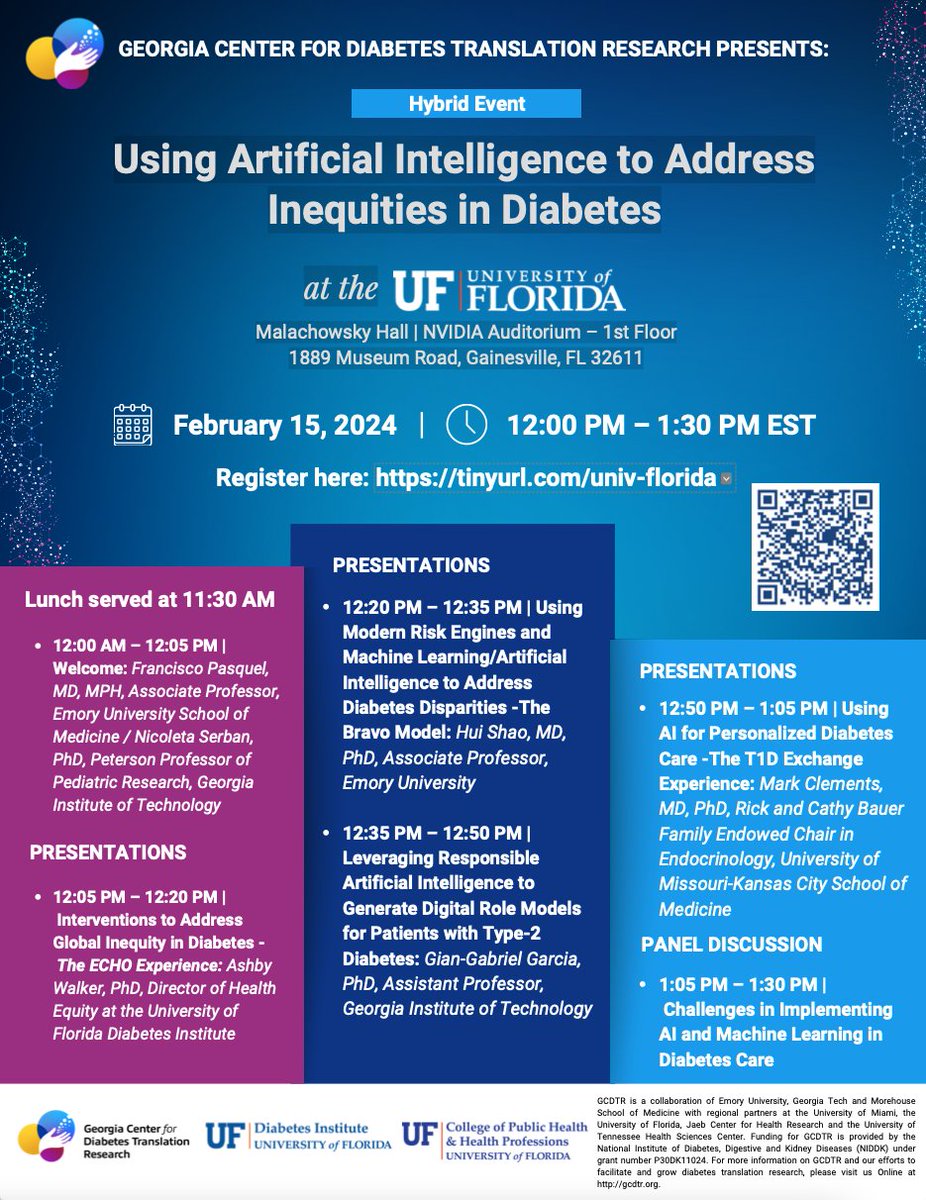 Register now for the event 'Using Artificial Intelligence to Address Inequities in Diabetes', presented by Georgia Center for Diabetes Translation Research. zoom.us/meeting/regist… Online or in person (Malachowsky Hall | NVIDIA Auditorium – 1st Floor 1889 Museum Road,