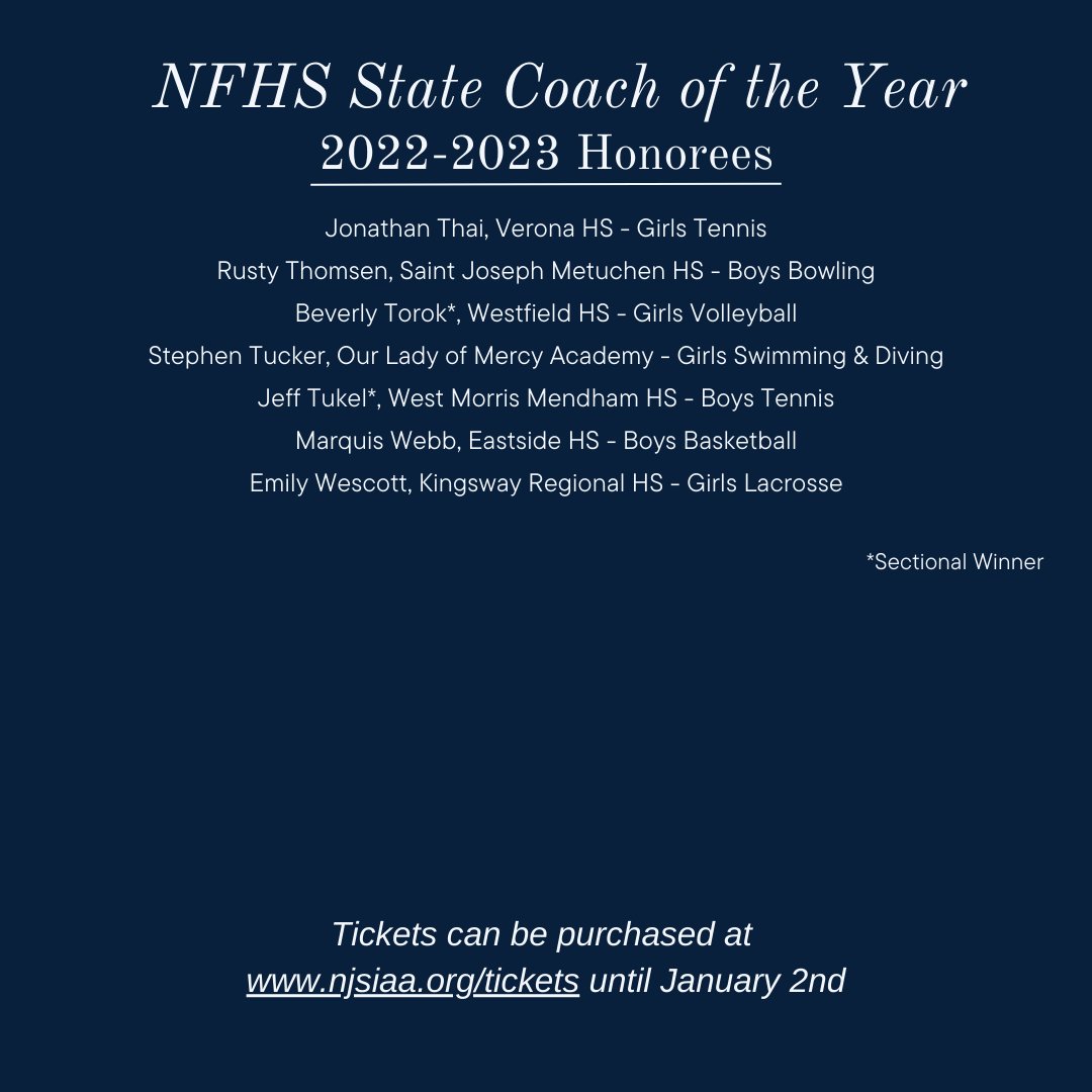 We would like to invite you to celebrate with the NJSCA Hall of Fame Class of 2023 and the NFHS Coach of the Year Awards on Sunday, January 14, 2024, at the Pines Manor in Edison, NJ! Tickets can be purchased at njsiaa.org/tickets until January 2nd.