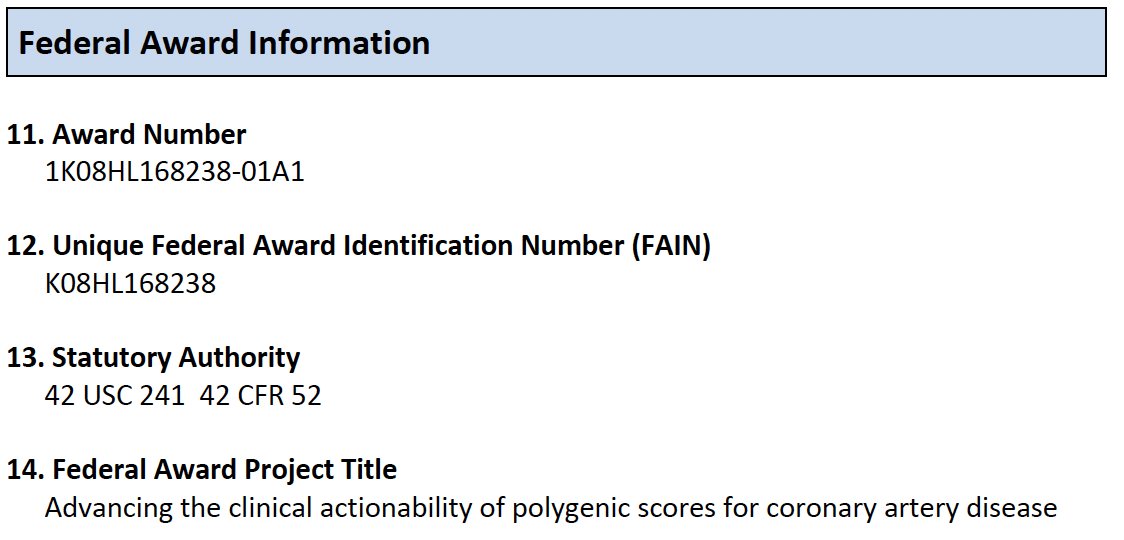 Thrilled to receive the K08 NOA from @nih_nhlbi supporting advancing the clinical actionability of polygenic scores Very grateful to my mentor @pnatarajan; advisers @genetisaur, @nilanjan10c, Marc Sabatine; and chair @patrick_ellinor @MGHHeartHealth