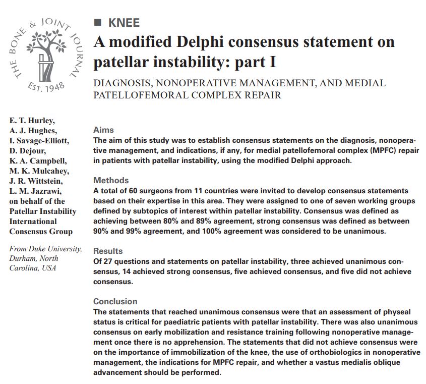 The aim of this study was to establish consensus statements using a modified Delphi process for the diagnosis, nonoperative management, and MPFC repair for patients with patellar instability. #Knee #Orthopedics #BJJ @eoghanthurley @dukeortho ow.ly/mW2l50QcQXk