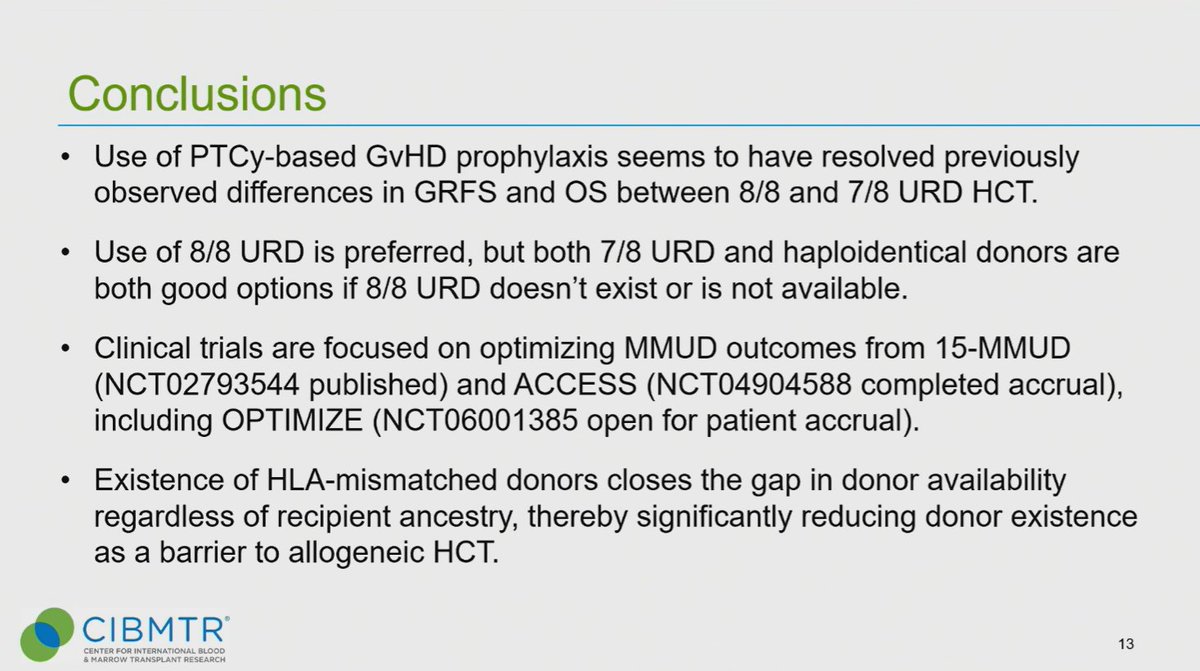 CONGRESS #ASH23 | @JeffAuletta @CIBMTR shares data comparing PTCy prophylaxis between 8/8 and 7/8 URD HCT in adult pts. Multivariable regression analysis showed no significant differences in either GRFS or OS between recipients of 8/8 and 7/8 URD HCT at 1-3 years post-HCT.…