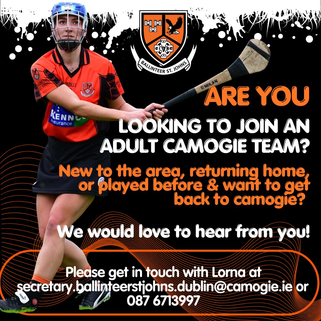 Thinking ahead to 2024?  Is playing camogie on your list?  

New or moving back to the area?  Took a break & now it’s time to get back playing?  

Come talk to Ballinteer St Johns!  We’d love to hear from you?

#camogie #dublincamogie