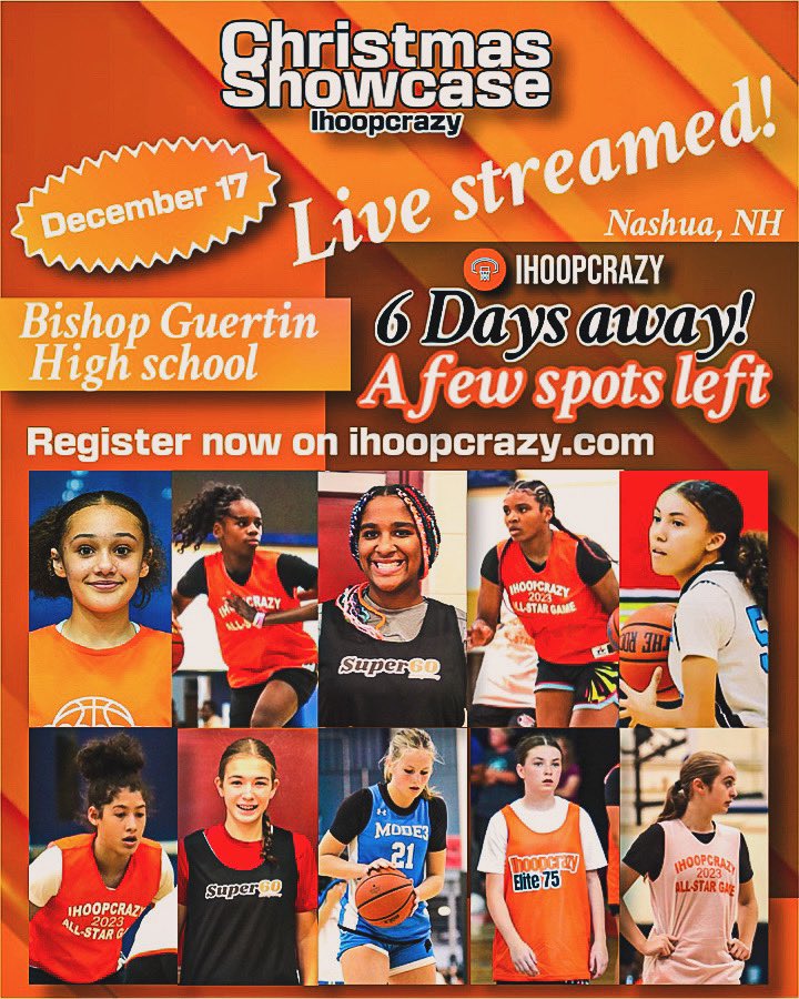 6 days away until our middle school rank showcase. We’re excited to see elite 7 &amp; 8th grade girls competing for competitive rank placement on our website. The event will be live streamed on ihoopcrazy.com.  We’re almost at capacity &amp; have just a few spots left.