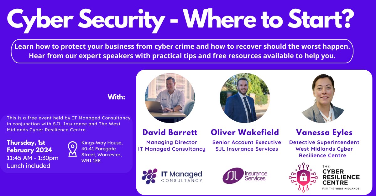 2024 events are on the way. Join us for an informative event on all things cyber security! Whether you're a tech-savvy guru or a complete newbie, this event is perfect for anyone looking to learn more about protecting themselves online. #WorcestershireHour eventbrite.ie/e/cyber-securi…