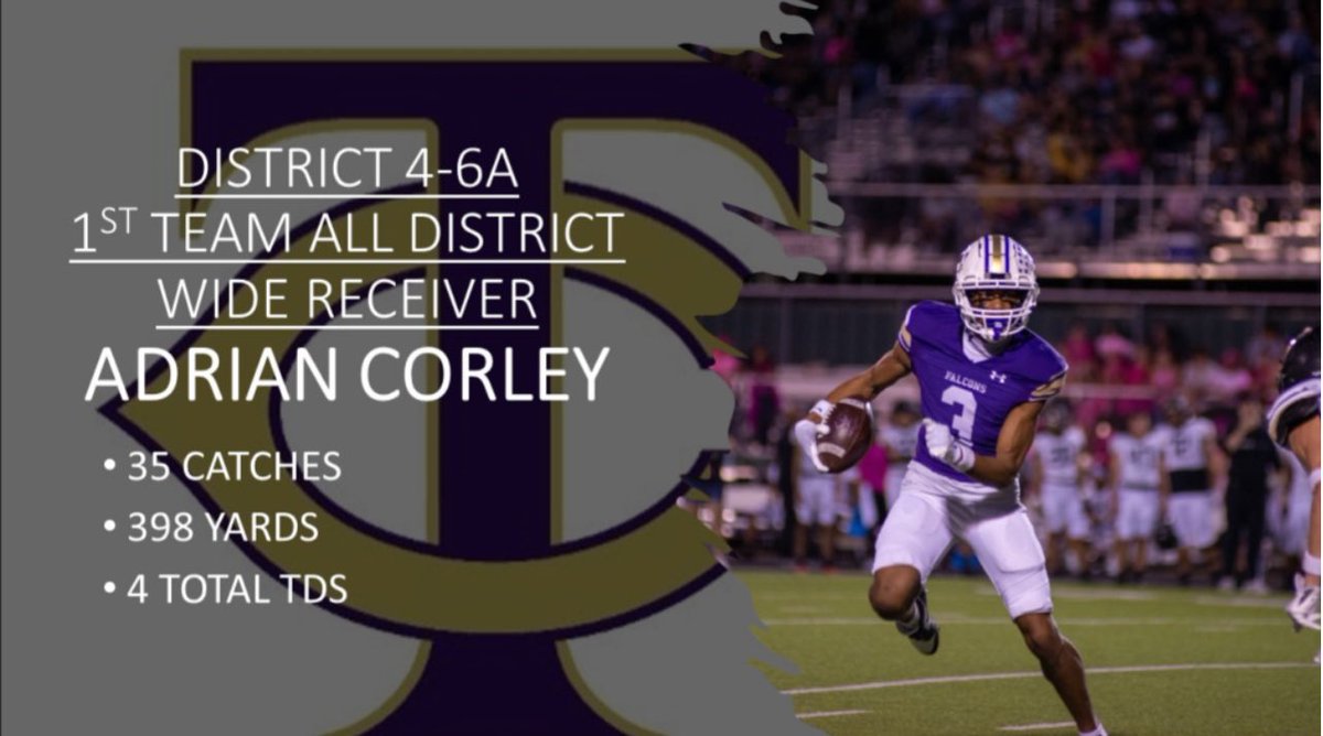 Congrats to @AdrianCorley1 being named 1st Team Wide Receiver in District 4-6A for the 2023 football season. Excited to see you have in store for us next year as a Senior! #FalconPride @TCHSFootball @KISDAthletics
