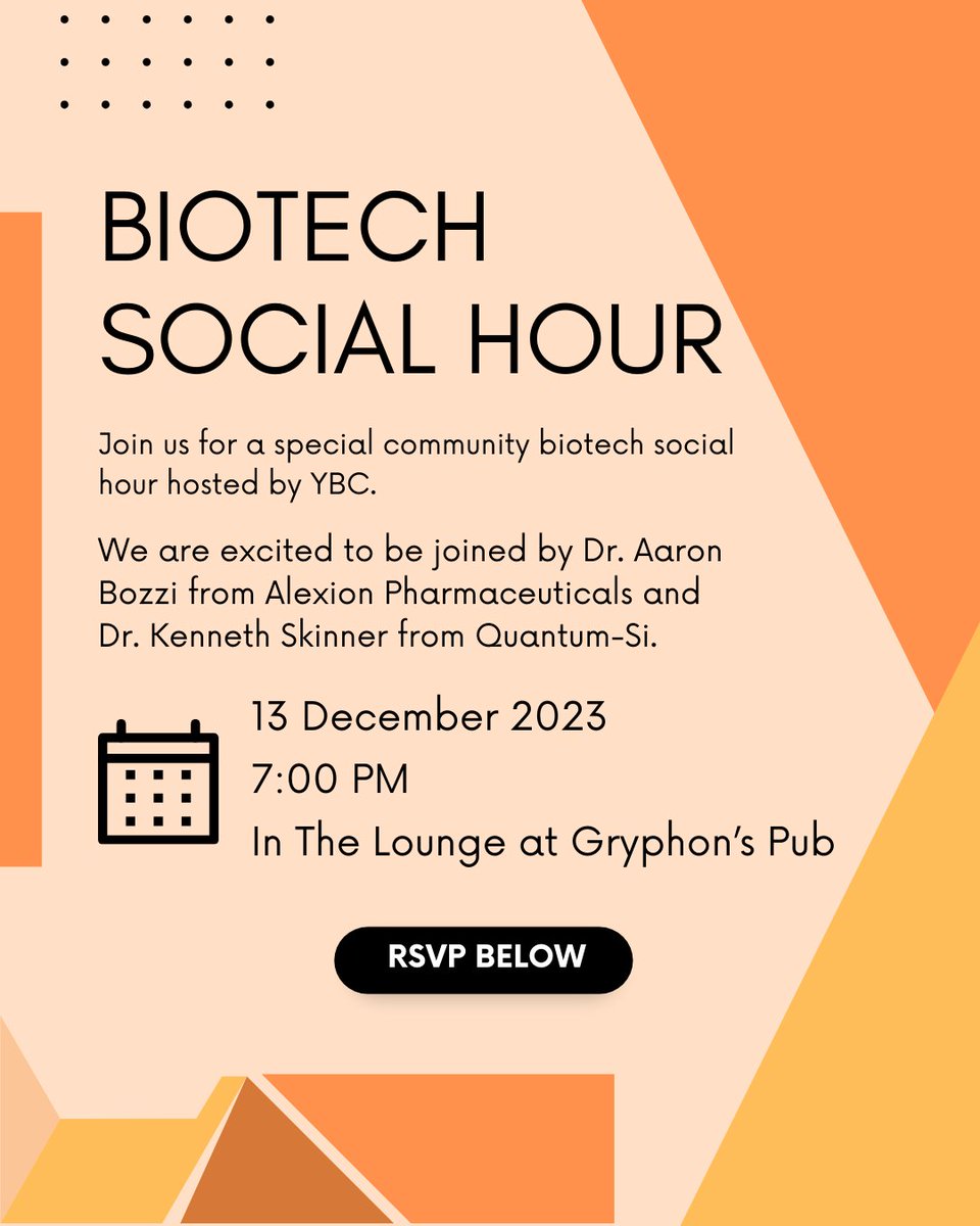 Join us for a community biotech social hour hosted by the Yale Biotech Club! We are delighted to have Dr. Aaron Bozzi, Research Scientist, Alexion Pharmaceuticals and Dr. Kenneth Skinner, Sr. Research Scientist, Quantum-Si.

RSVP by 12/11 at 11:59pm: forms.gle/57yD67GSUQ6o7y…