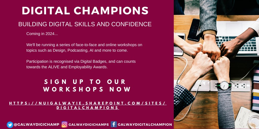 Digital Champions Free Workshops now enrolling:

⭐️MakerSpace
⭐️Design 
⭐️Podcasting 
⭐️Exploring Gen AI 

More info + registration here: 
nuigalwayie.sharepoint.com/sites/DigitalC… 

@GalwayDigiChamp