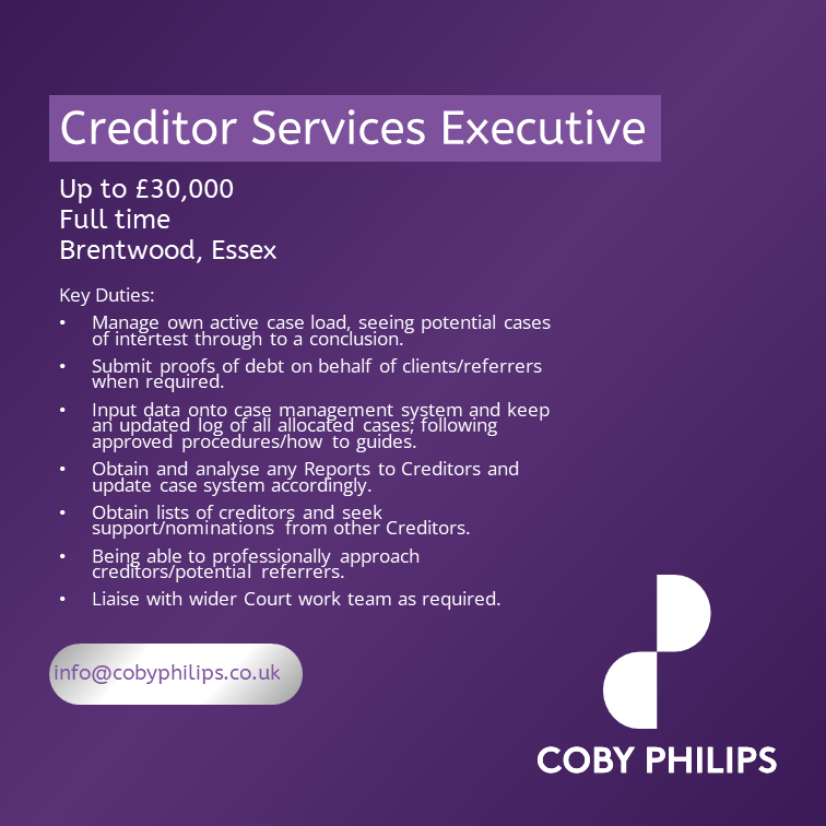 NEW PERMANENT ROLE!
Creditor Services Executive - Based in Brentwood - Up to £30,000
Please contact us at info@cobyphilips.co.uk for more information :)
#newrole #permanentjob #advisoryservices #essex #fulltime #recruitmentagency #2023hiring
