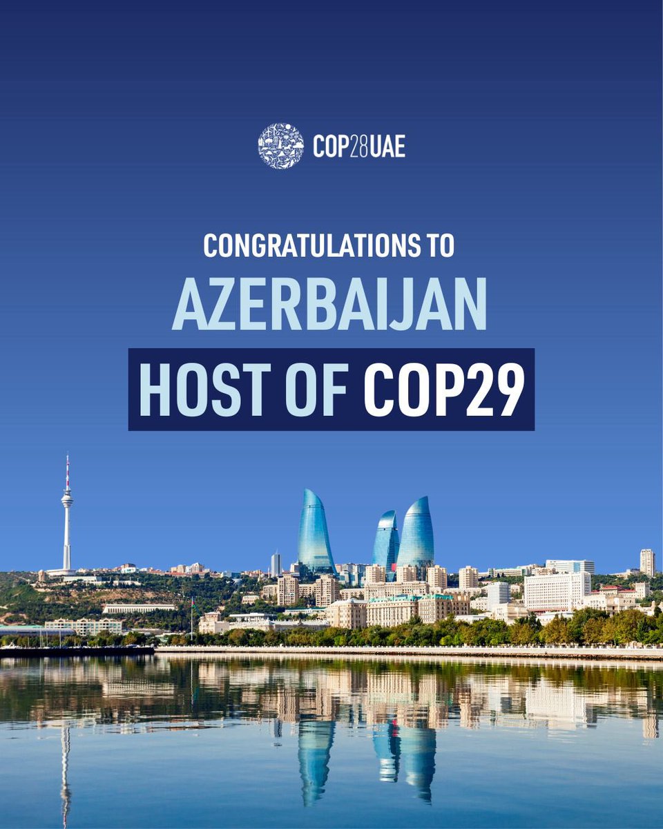 The COP28 Presidency congratulates Azerbaijan for being chosen to host COP29 next year 🇦🇿 

We look forward to working together to continue building momentum on climate action, ensuring we keep 1.5°C within reach and leave no one behind.