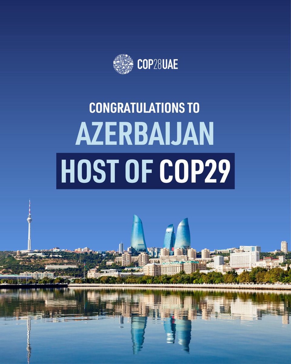 The COP28 Presidency congratulates Azerbaijan for being chosen to host COP29 next year 🇦🇿 We look forward to working together to continue building momentum on climate action, ensuring we keep 1.5°C within reach and leave no one behind.