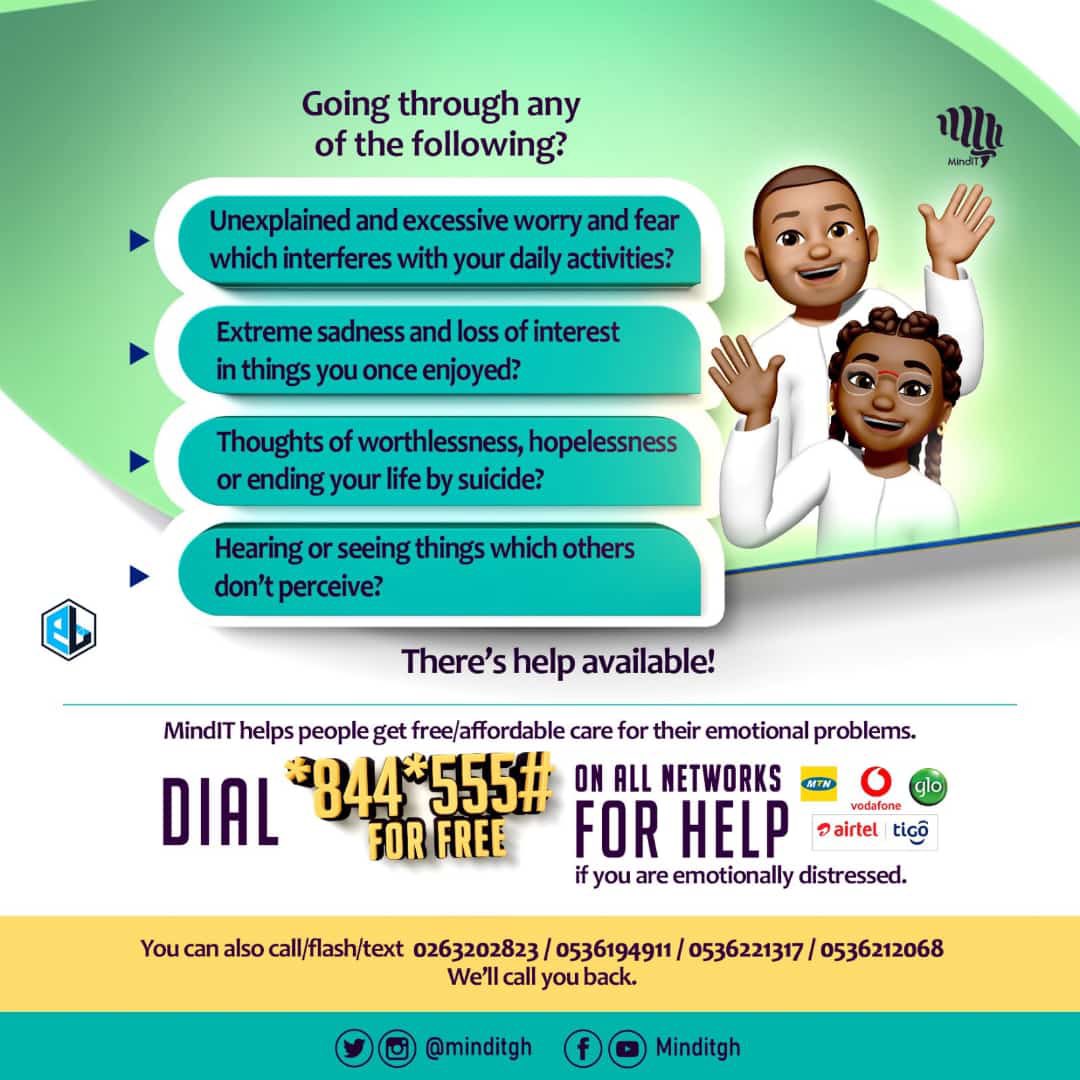 🚀 Exciting news! MindItGH launches a groundbreaking initiative to provide free emotional support. 📞 Dial *844*555# and take the first step towards well-being. Spread the word, because together we can make a difference. 💪 #MindItGH #MentalHealth #SupportForAll