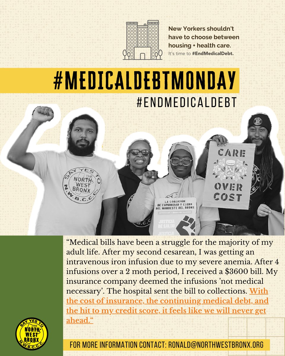#MedicalDebtMonday. Medical debt impacts people of color and rural communities the hardest. Lifesaving medical care should not result in a lifetime of financial punishment. It’s time to #EndMedicalDebt
@GovKathyHochul
@AndreaSCousins
@CarlHeastie
@NYSenatorRivera
@AmyPaulin