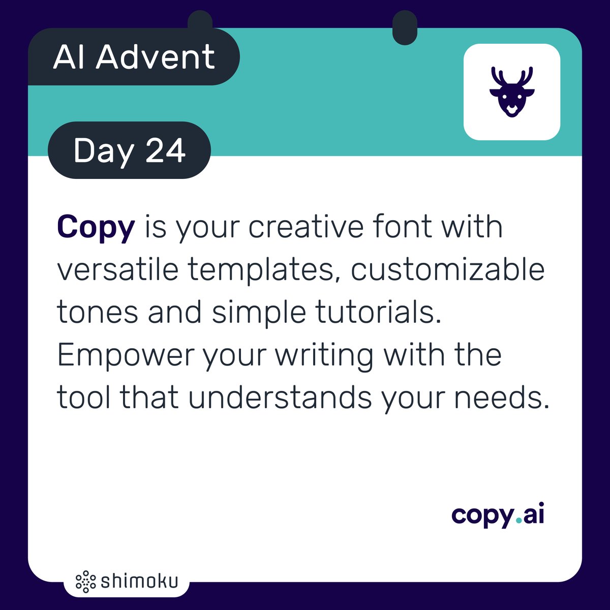 To end our calendar, we recommend Copy. It speeds up copywriting processes and boosts creativity for business owners, marketers and copywriters. With a versatile set of features, it stands out as a popular and effective choice.

#BusinessAI #CopyAI #CreativityInMarketing
