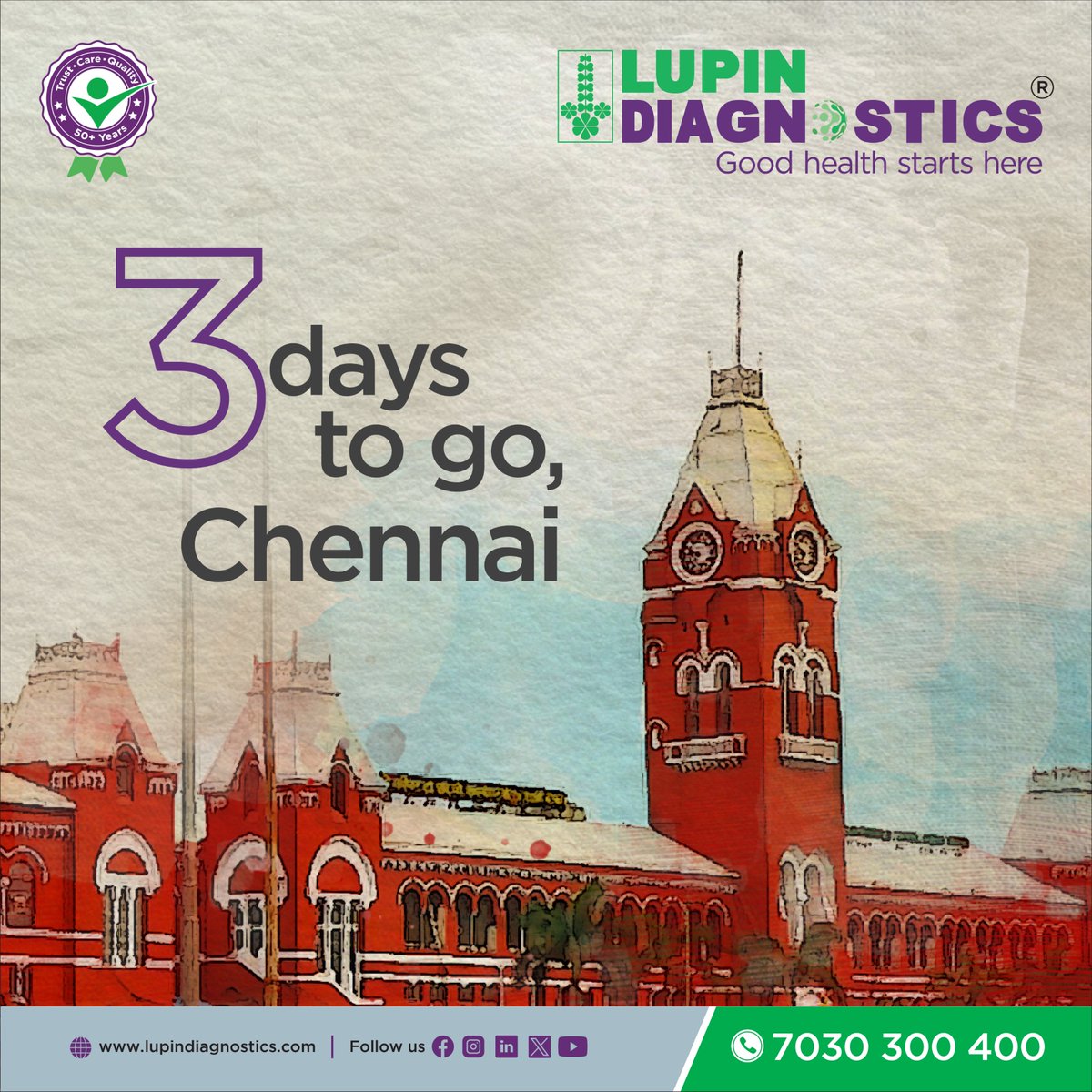 3 days to go....Chennai.

#chennai #lupindiagnostics
.
.
.
.
.
#goodhealthstartshere #diagnostics #pathology #healthcare #diagnosticcentre #health #healthylifestyle #care #BeWiseHealthWise #tamilnadu