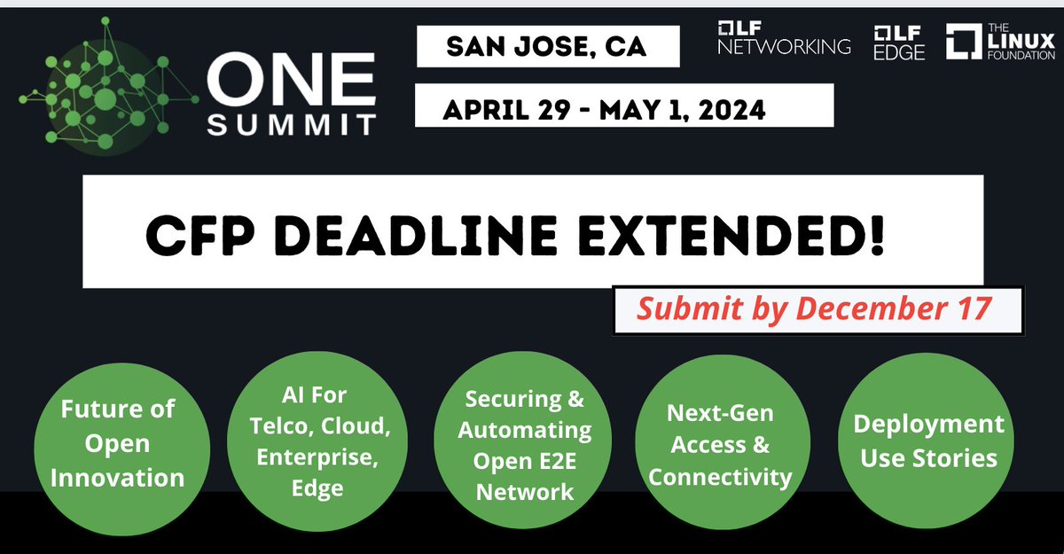 #ONESummit CFP deadline has been extended to Dec. 17! Get your speaking submissions in TODAY and be part of the thought leaders collaborting on the future of #open networking #Edge #AI #5G #6G and more. events.linuxfoundation.org/one-summit-nor…