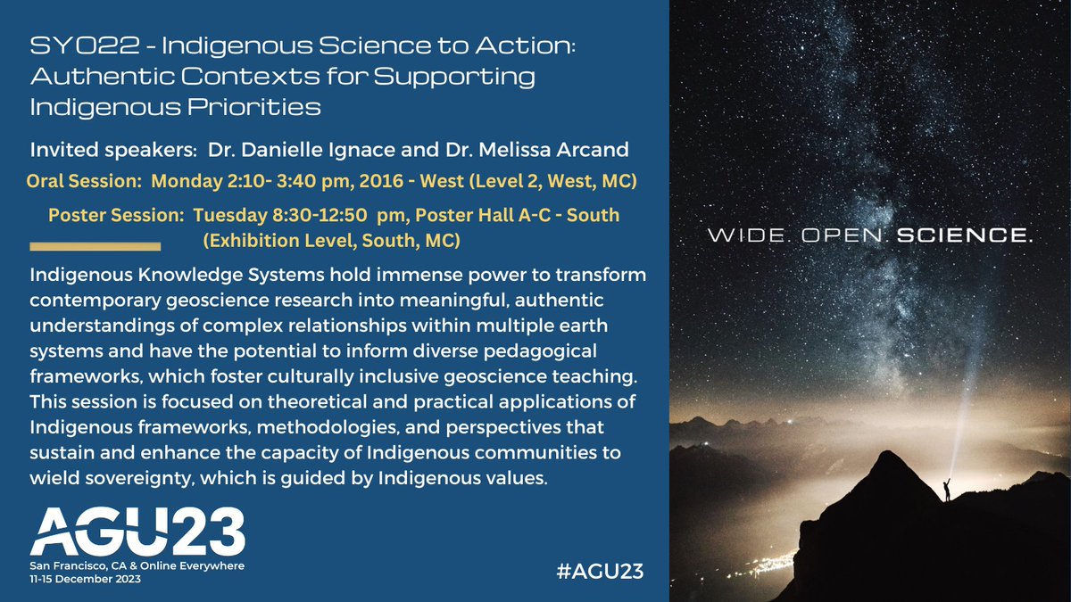Wishing everyone a fabulous first day at #AGU23! Interested in #Indigenous Science & Tribal engagement? Join us for a great lineup of talks this afternoon at 2:10 pm and posters Tuesday morning (gallery walk starting at 10 am)!