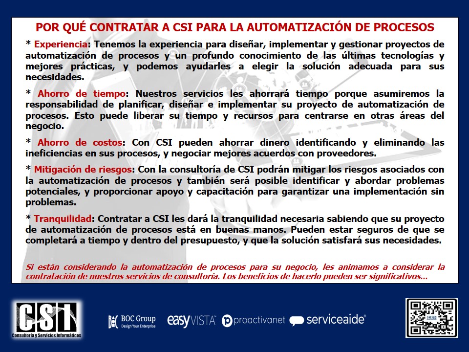csi_col's tweet image. POR QUÉ CONTRATAR A CSI
PARA AUTOMATIZACIÓN DE PROCESOS
Si están considerando la automatización de procesos, les animamos a considerar la contratación de nuestros servicios de consultoría. Los beneficios de hacerlo pueden ser significativos...
#AutomatizaciónProcesos #Consultoría