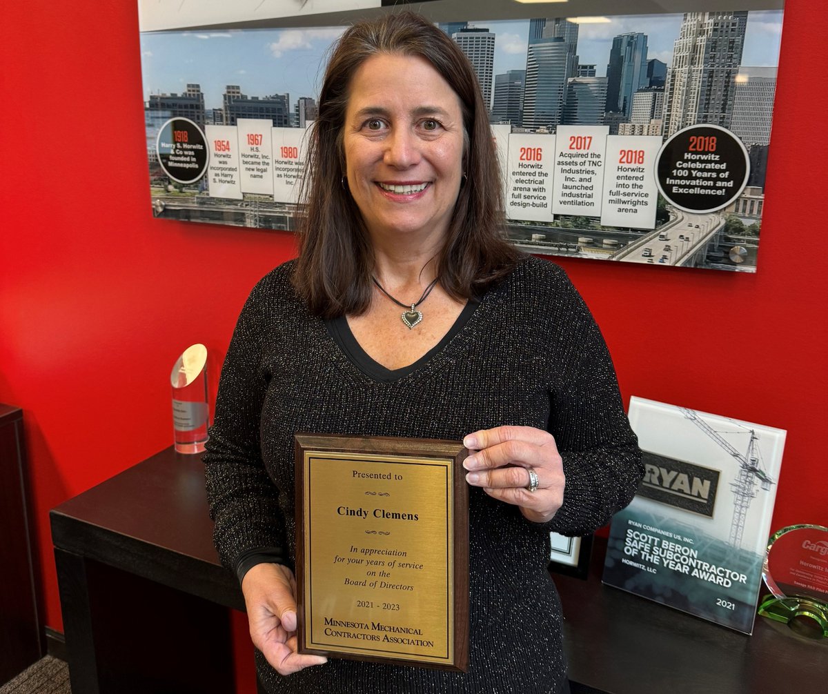 Horwitz1918's tweet photo. Cindy Clemens, CFO at HORWITZ was honored by the Minnesota Mechanical Contractors Association with three years of appreciation of service on the Board of Directors. Thank you Cindy for your outstanding leadership and service! HORWITZ is proud of you! https://t.co/7M1so2EiGg https://t.co/jKodmoRo28
