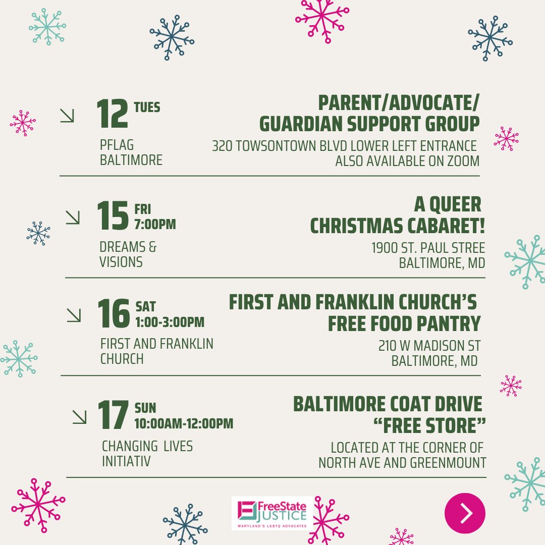 FreeStateLGBTQ's tweet image. This December, celebrate the holiday season with people all across MD!
 
Learn about resources provided and events being hosted throughout the month (some of these are weekly!), and visit linktr.ee/freestatejusti… to learn more about how you can access them all!