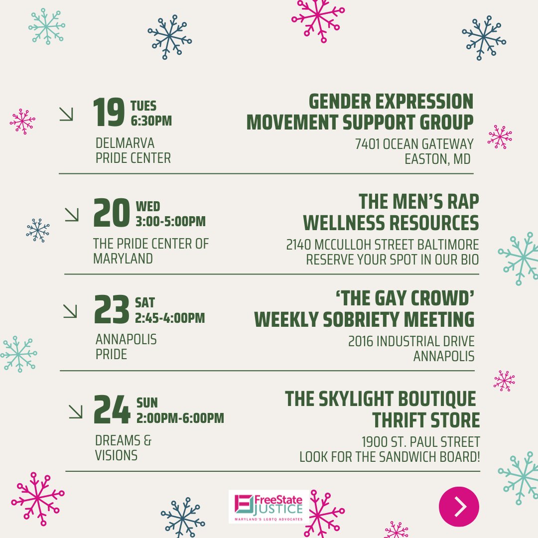 FreeStateLGBTQ's tweet image. This December, celebrate the holiday season with people all across MD!
 
Learn about resources provided and events being hosted throughout the month (some of these are weekly!), and visit linktr.ee/freestatejusti… to learn more about how you can access them all!