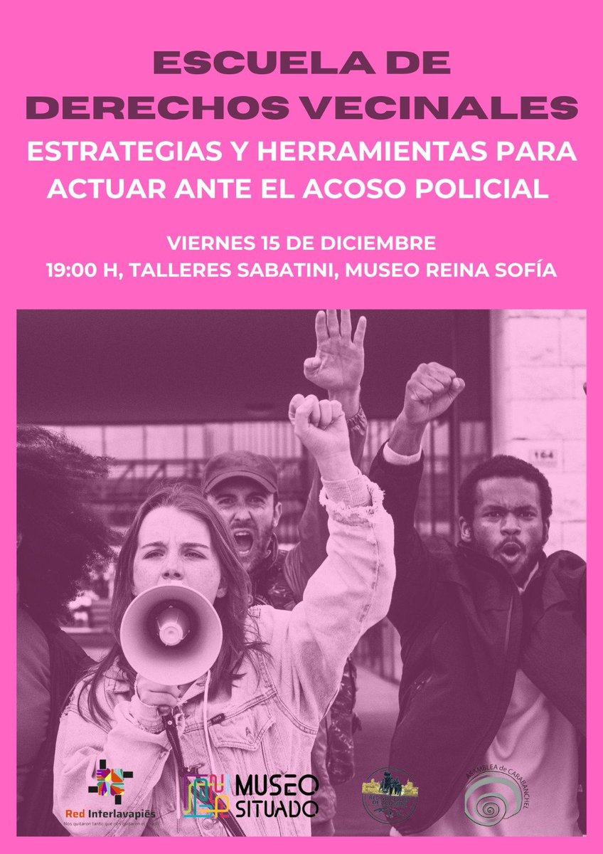 Este viernes, nueva edición de la Escuela de derechos vecinales, con un taller de estrategias y herramientas para actuar ante el acoso policial que reciben nuestras vecinas. Junto a <a href="/r_interlavapies/">La Red Interlavapiés</a>, <a href="/RSAcogida/">Red Solidaria de Acogida</a> y <a href="/MuseoSituado/">MuseoSituado</a>✊✊
🎟️ Entrada libre y gratuita hasta completar aforo
