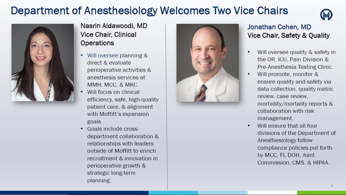 🎉Announced today, the @MoffittNews Department of Anesthesiology is pleased to welcome two new vice chairs: @NasrinAldawoodi is the VC of Clinical Operations @JonathanCohenMD is the VC of Safety & Quality 👏👏👏